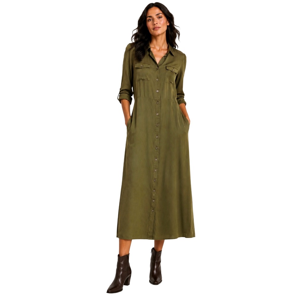 NEW Spartina 449 Peyton Midi Shirt Dress Womens Size M Olive Cupro Earthy Luxe